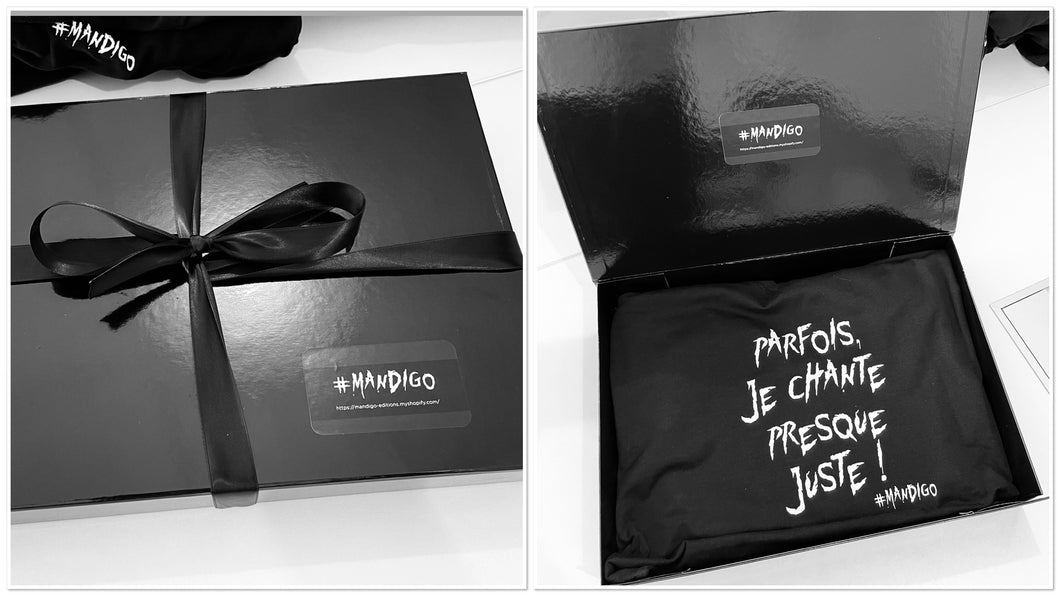 Boîte cadeau noire (vide 😊) et ruban noir